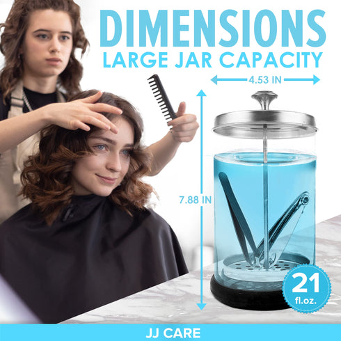 JJ CARE Disinfectant Jar (21oz) - Barber Jar Glass, Sanitizer Disinfectant Glass Jar, Barber Disinfectant Jar, Implement Disinfectant Container w/Stainless Steel Removable Strainer & Cap - Silver Lid